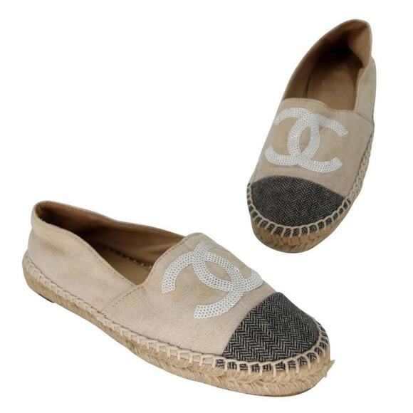Chanel Espadrille 37 Glitter Fabric Cap Toe Ballet Flats CC-0912N-0003
